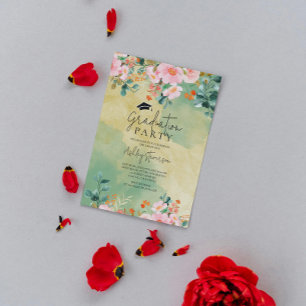 Invitation Beown rose aquarelle fleurie graduation botanique