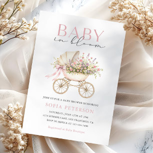 Invitation Berceau Bébé Fille Fête Prénatale Fleurs Pastel