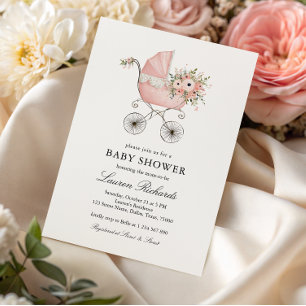 Invitation Berceau de bébé vintage Fille Fête pour bébé Rose