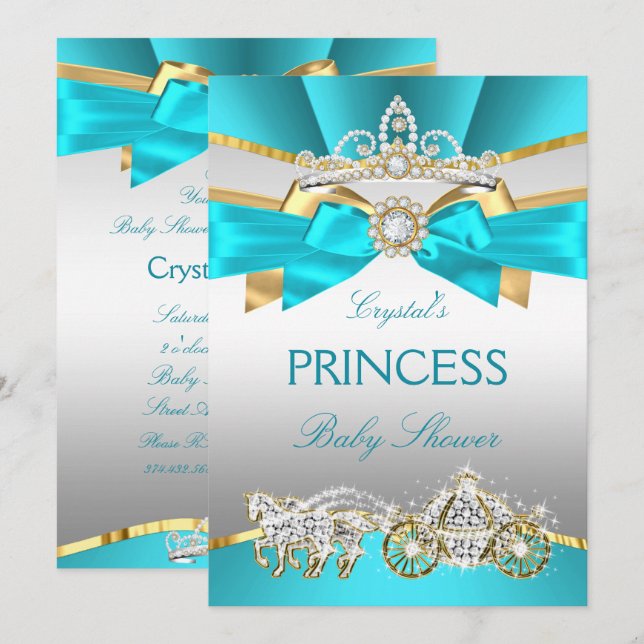 Invitation Berceau de Fête de Naissance de Princesse Bleu Tur (Devant / Derrière)