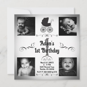 Invitation Berceau noir et blanc Photo 1er anniversaire
