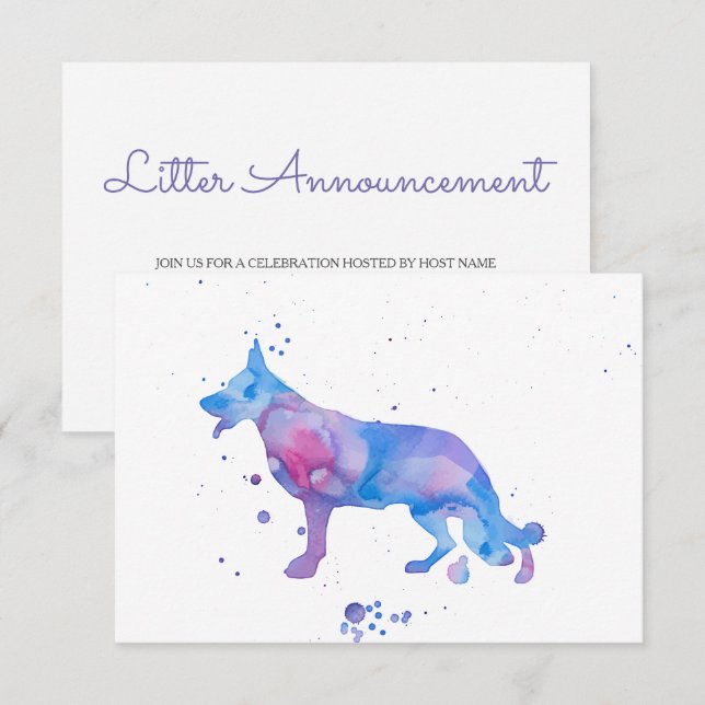 Invitation Berger allemand aquarelle bleu violet (Devant / Derrière)