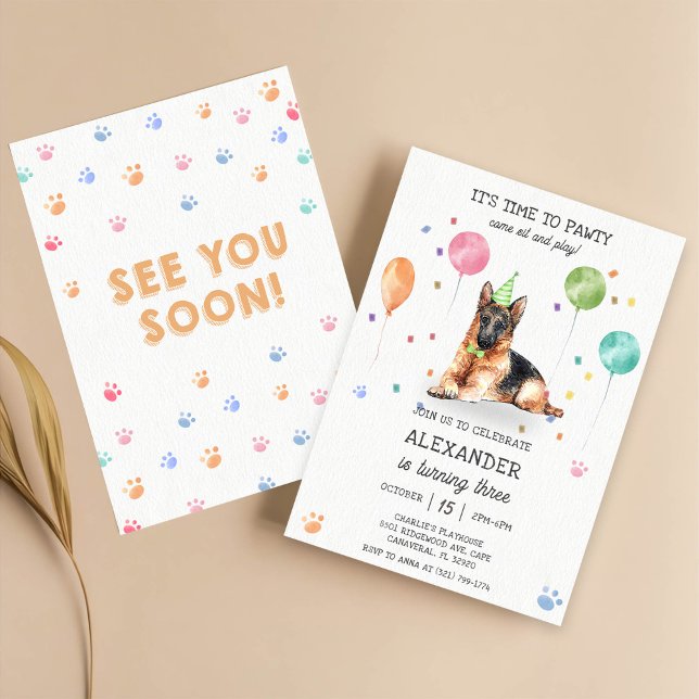 Invitation Berger allemand Pawty Chiot Anniversaire rose (Créateur téléchargé)