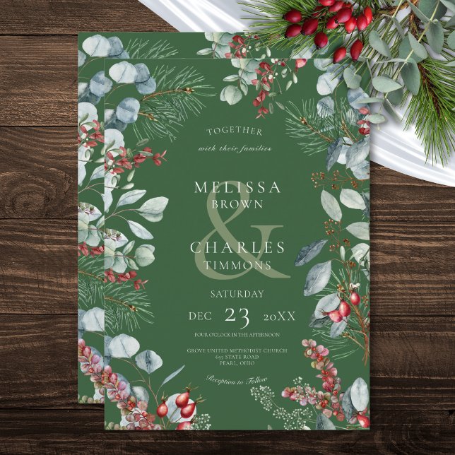 Invitation Berries de pin d'hiver vert Mariage Eucalyptus (Green Winter Pine Berries Eucalyptus Wedding Invitation)