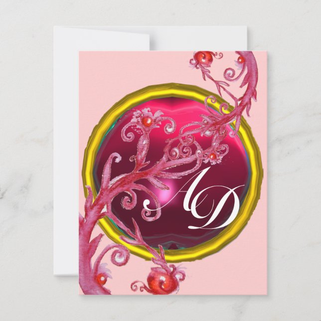 INVITATION BERRIES EN MAGIE ROSE ROUGE, MONOGRAMME EN PIERRE  (Devant)