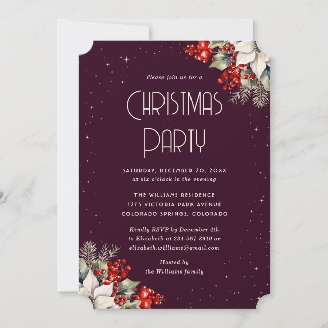Invitation Berries Holly Poinsettia Purple Christmas Party (Devant)