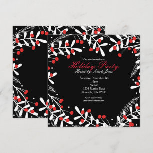 Invitation Berries rouges et Feuilles blancs Black Holiday Pa