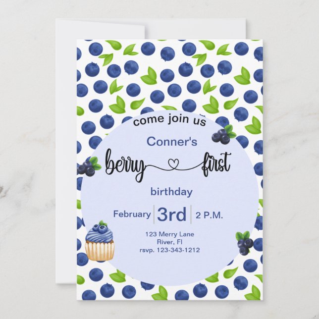 Invitation Berry 1er anniversaire de bleuets (Devant)
