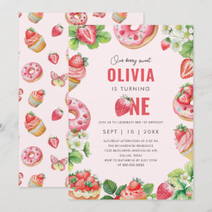 Invitation Berry 1er anniversaire Pink Sweet Strawberry Girl