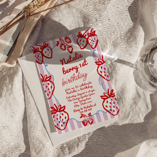 Invitation Berry 1st Hand Drawberry Girl Fun Anniversaire (Créateur téléchargé)