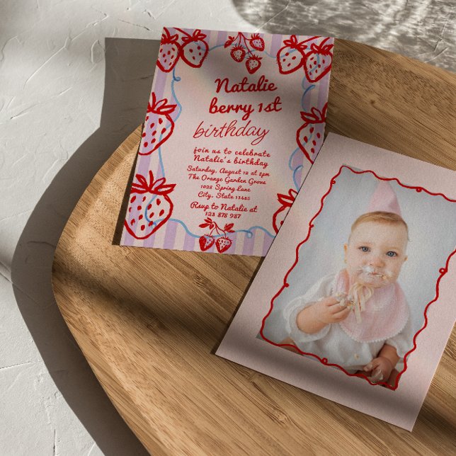 Invitation Berry 1st Hand Drawberry Photo Anniversaire (Créateur téléchargé)
