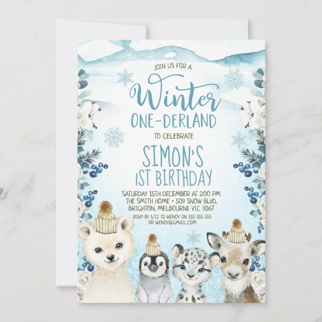 Invitation Berry Arctic Animaux Hiver Onederland Anniversaire (Devant)