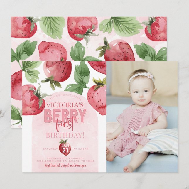 Invitation Berry aux fraises roses 1er anniversaire (Devant / Derrière)