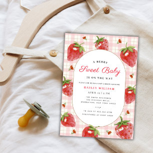 Invitation Berry aux fraises roses En vichy Baby shower sucré