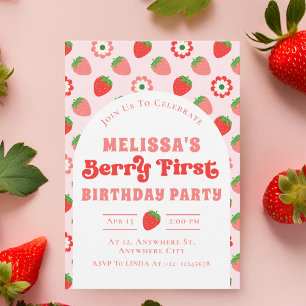 Invitation Berry aux fraises roses mignonne Premier anniversa