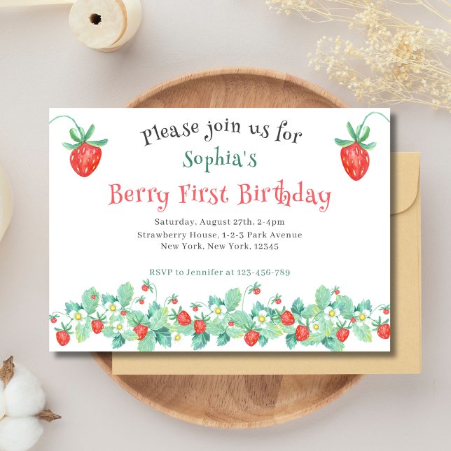 Invitation Berry aux fraises roses Premier anniversaire (Berry First Birthday Party Invitation. Pink Strawberries.)