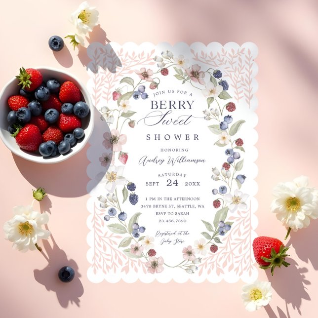 Invitation Berry Baby shower doux Fleurs et baies sauvages (Berry Sweet Baby Shower Wild Berries & Flowers Invitation)
