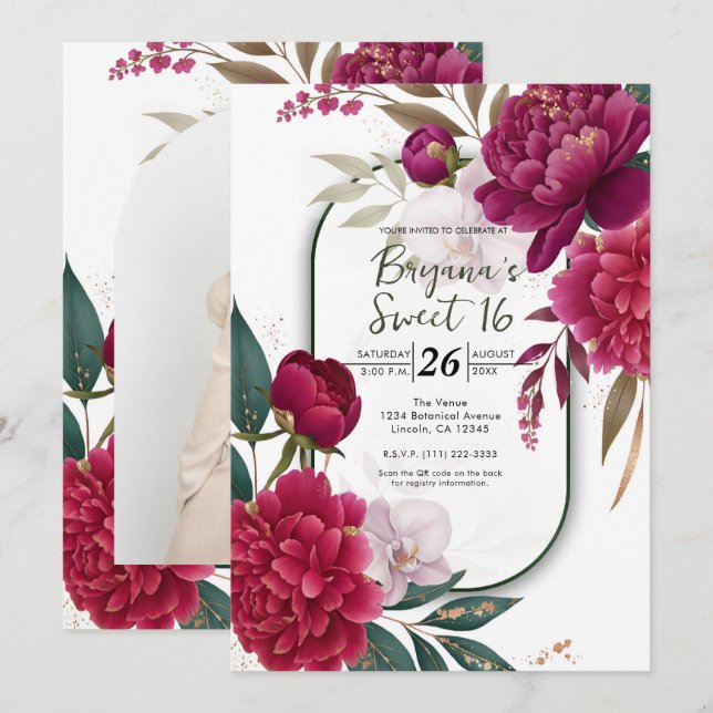 Invitation Berry Bloom Garden Floral Glam Sweet 16 (Devant / Derrière)