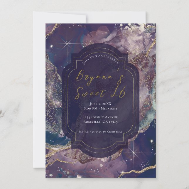 Invitation Berry Blue Aquarelle Gold Celestial Sweet 16 (Devant)