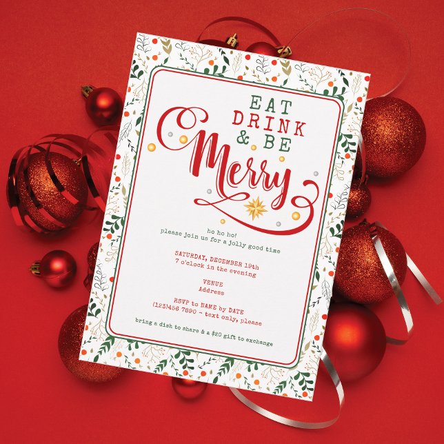 Invitation Berry Branch Eat Drink Be Merry Christmas Potluck (Berry Branch Bold Script Eat Drink Be Merry Christmas Potluck for Church Family Office Xmas Parties)
