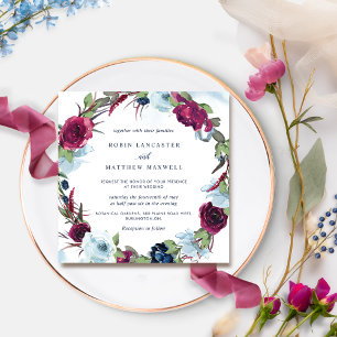 Invitation Berry Burgundy et Blue Floral Mariage Wreath
