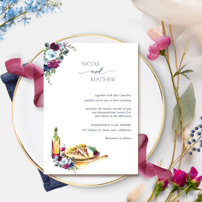 Invitation Berry Burgundy et Blue Floral Pizza Mariage (Créateur téléchargé)