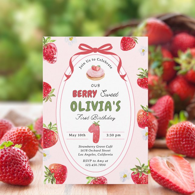 Invitation Berry Cute Bash Strawberry 1er anniversaire Invita (Créateur téléchargé)