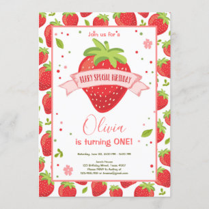 Invitation Berry de fraise Rouge rose doux Premier anniversai