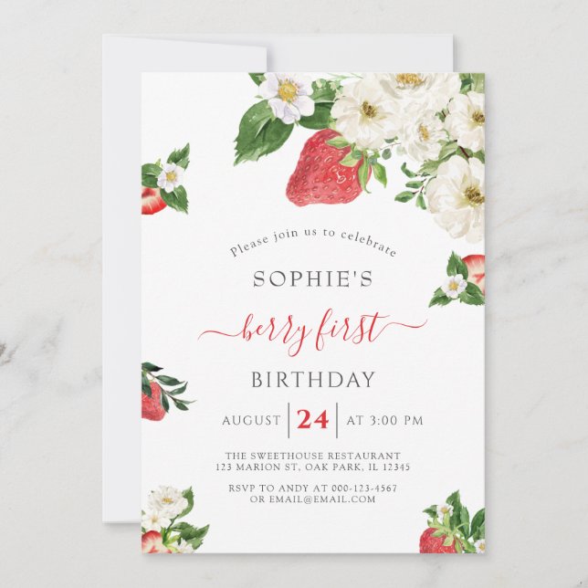Invitation Berry doux Premier Anniversaire de fraise (Devant)