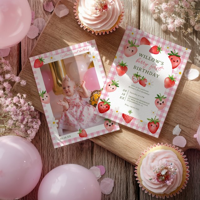 Invitation Berry En vichy fraise rose Premier anniversaire (Pink Gingham Strawberry Berry First Birthday Invitation)