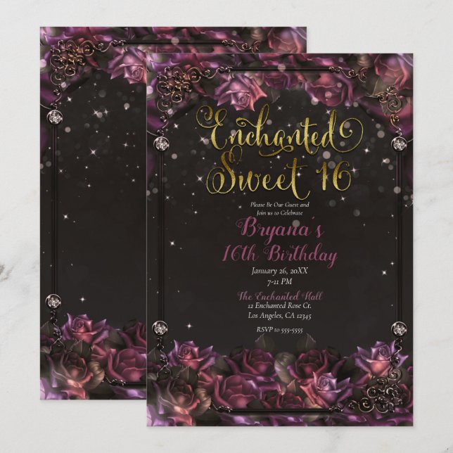 Invitation Berry Enchanted Rose Floral Gold Sweet 16 Party (Devant / Derrière)