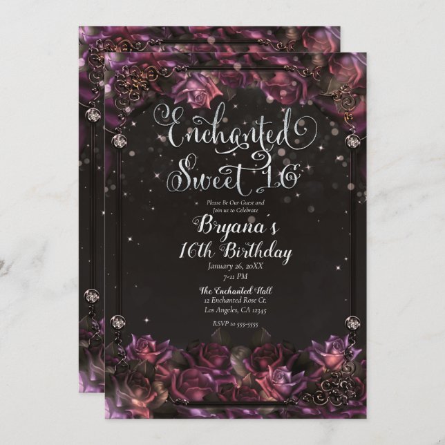 Invitation Berry Enchanted Roses Flore foncé Douce 16 Party (Devant / Derrière)