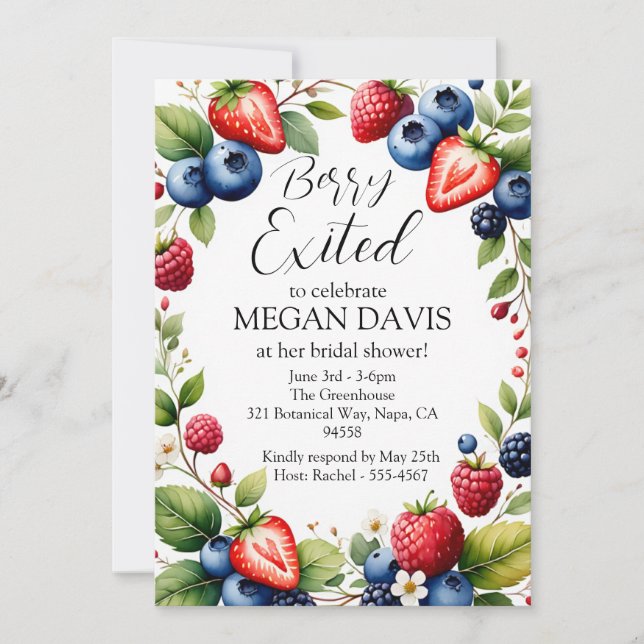 Invitation Berry Exited Watercolor Strawberry Bridal Shower (Devant)