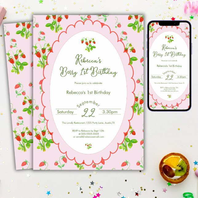 Invitation Berry First 1er Anniversaire Fraise & Rose (Créateur téléchargé)