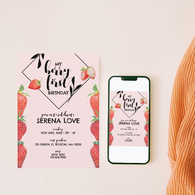 Invitation Berry First | 1er anniversaire | fraise | Rose (Créateur téléchargé)