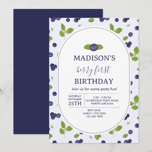 Invitation Berry First 1er Un Anniversaire Myrtille Enfants (Devant / Derrière)