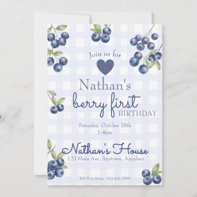 Invitation Berry First 1st Birthday Blueberry Gingham (Devant)