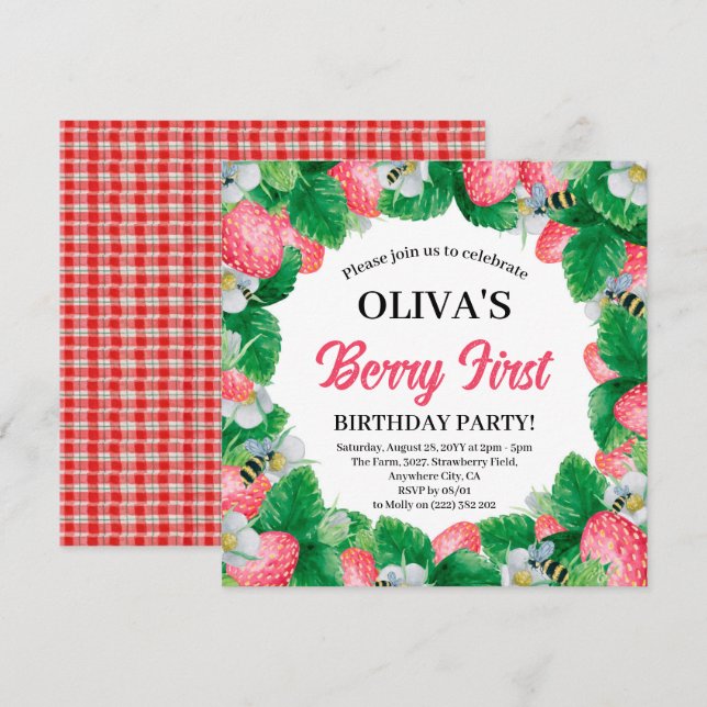 Invitation Berry First Aquarelle Fête d'anniversaire fraise 1 (Devant / Derrière)