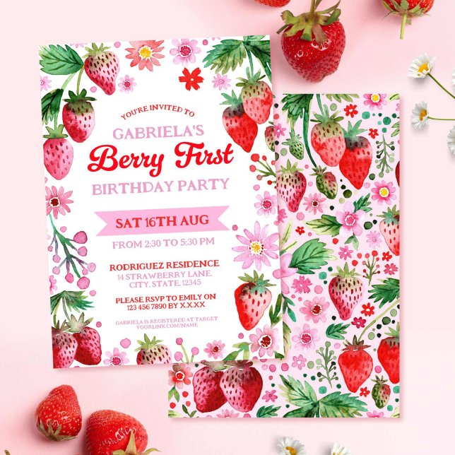 Invitation Berry First Bird Watercolor Fraises (Berry First Birthday Watercolor Strawberries Invitation)