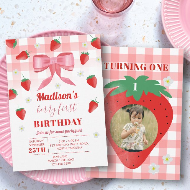 Invitation Berry First Birday Strawberry First Photo Bow (Berry First Birthday Strawberry First Photo Bow Invitation)