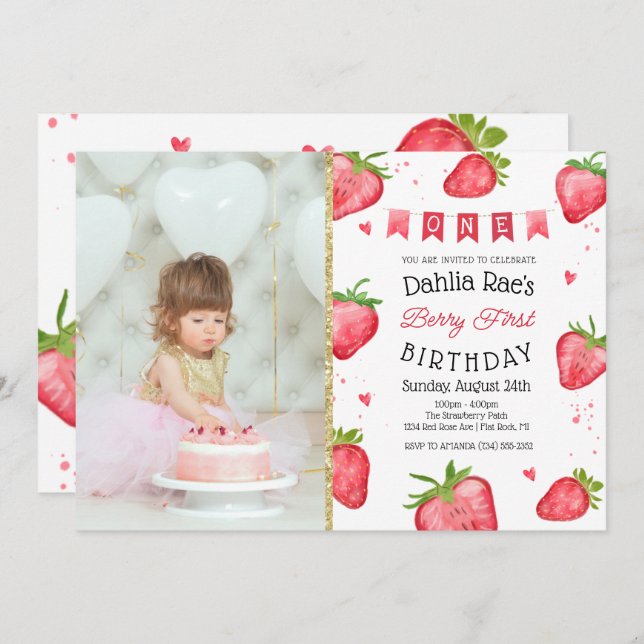 Invitation Berry First Birday Strawberry Photo (Devant / Derrière)