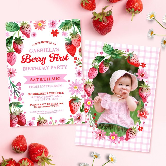 Invitation Berry First Birday Watercolor Strawberries Photo (Berry First Birthday Watercolor Strawberries Photo Invitation)
