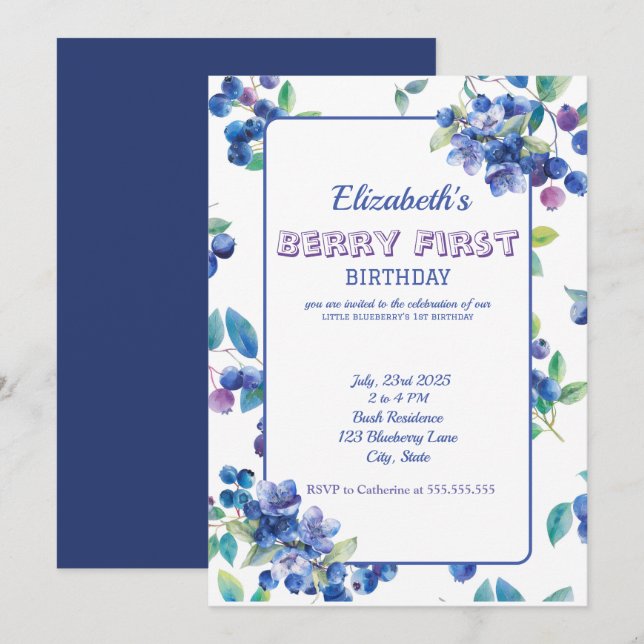 Invitation Berry First Birthday (Devant / Derrière)