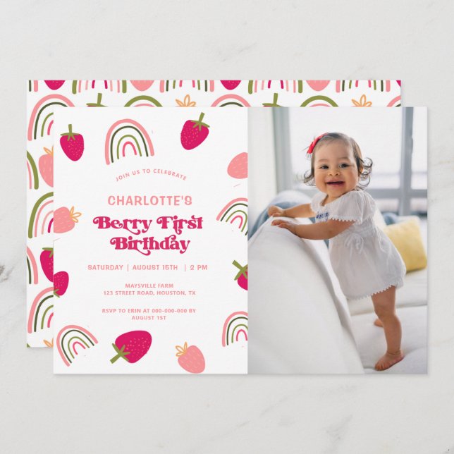 Invitation Berry First Birthday Boho Rainbow Photo Invitatiat (Devant / Derrière)