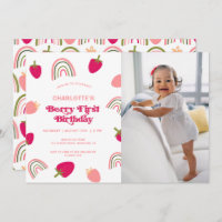 Berry First Birthday Boho Rainbow Photo Invitatiat