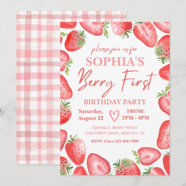 Invitation Berry First Birthday | fraise (Devant / Derrière)