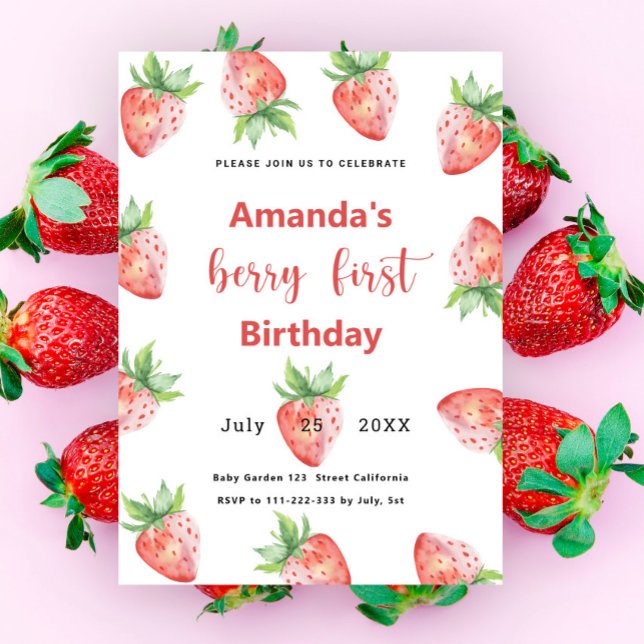 Invitation Berry First Birthday | fraise (Créateur téléchargé)