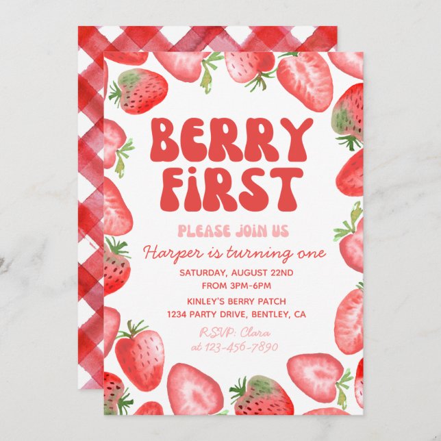 Invitation Berry First Birthday | fraise rétro (Devant / Derrière)