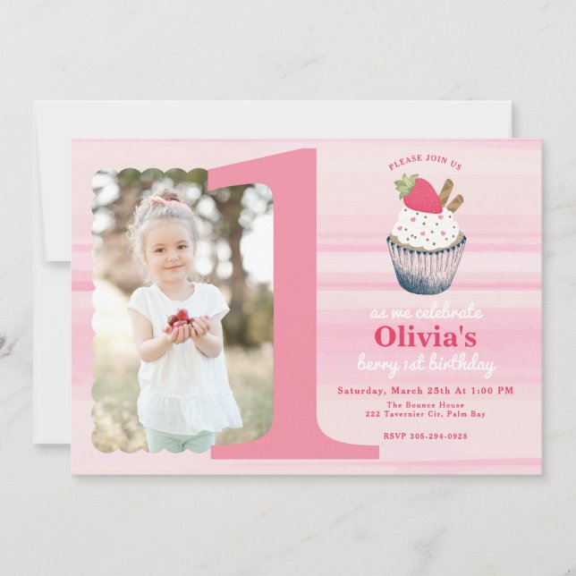 Invitation Berry First Birthday - Fraise rose (Devant)