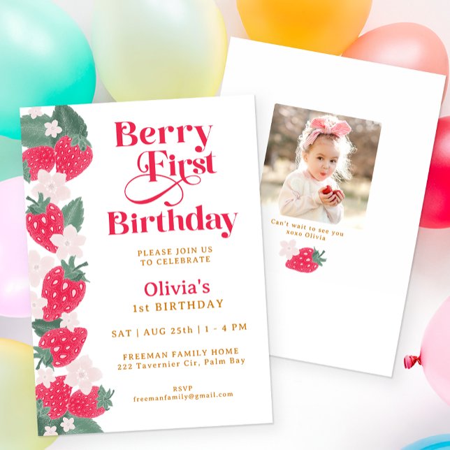 Invitation Berry First Birthday Girl Strawberry Party (Berry First Birthday Party Invitation)
